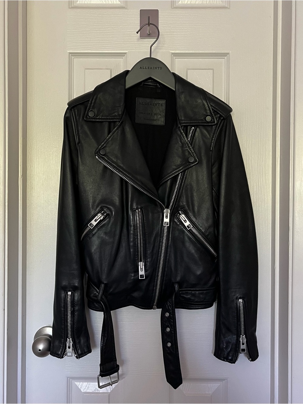 All Saints Black Leather Moto Jacket with Belt | Size US 0